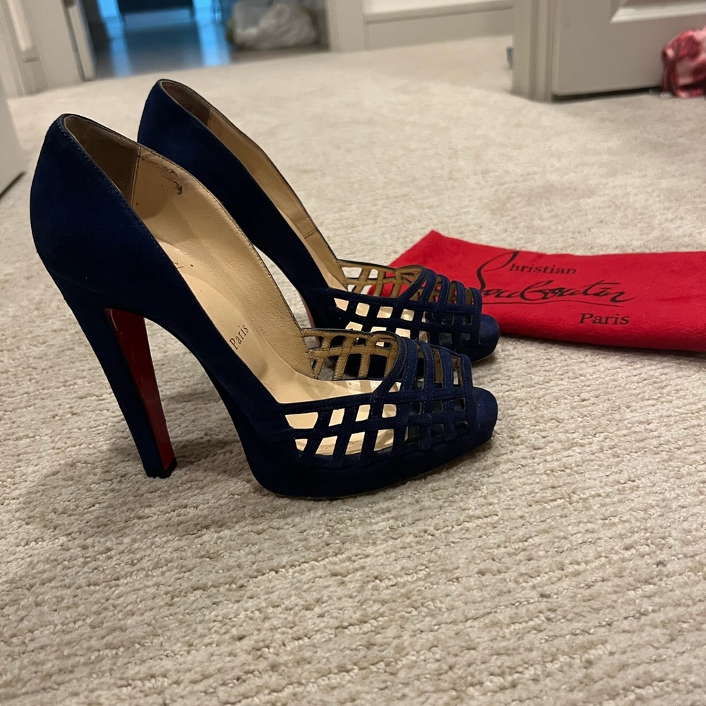 Louboutin Suede Peep Toe Platform Pump Heel Shoes Blue 38 US 7.5/8